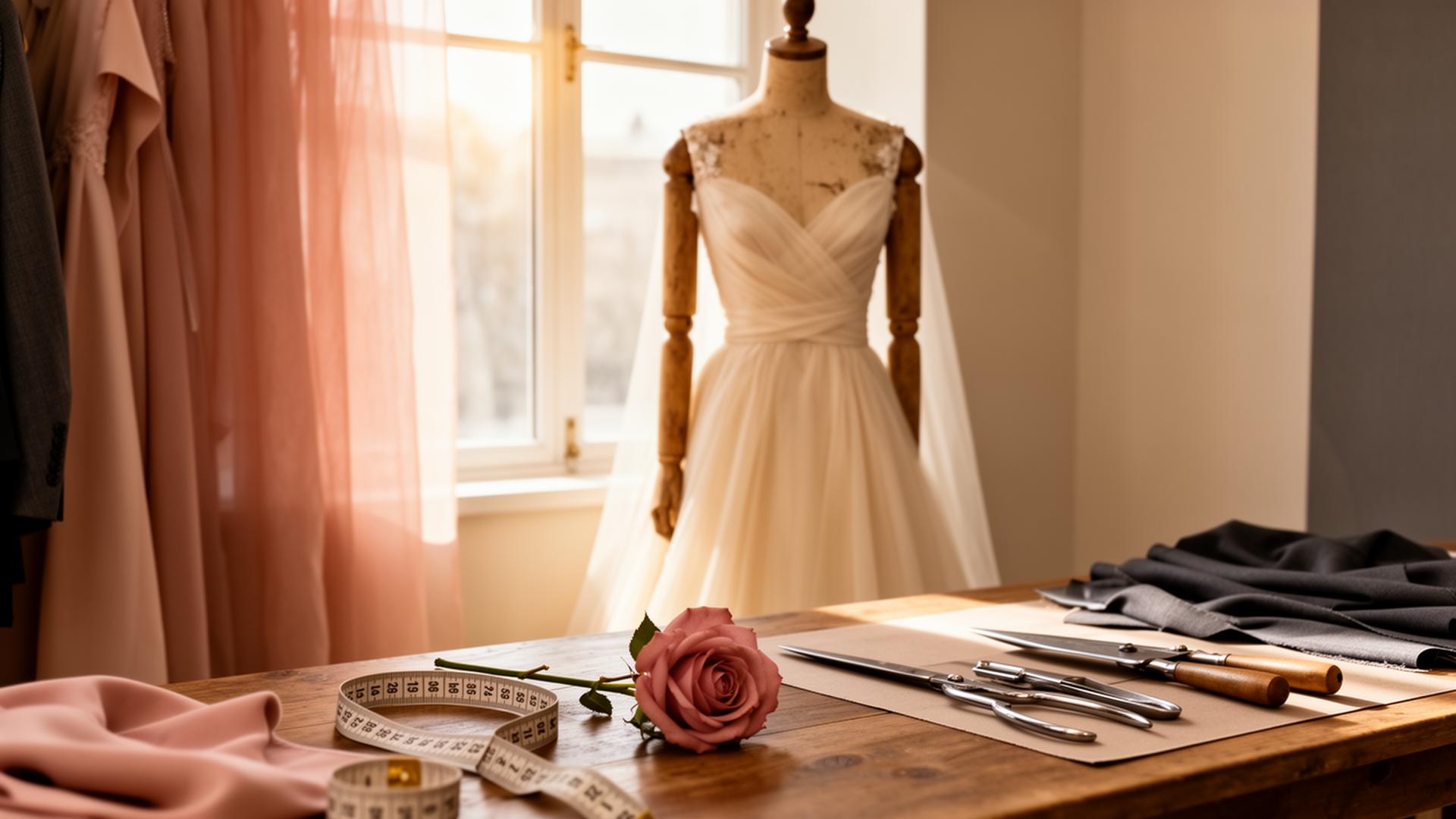 Bright sewing studio with a dress on a mannequin beside a sunlit window